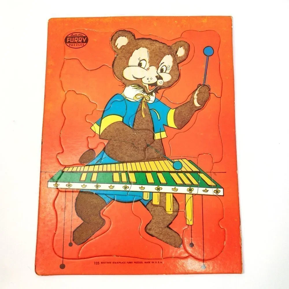 2 Built Rite Fuzzy, Furry Puzzles - Bunny/Bear, 1950’s Vintage